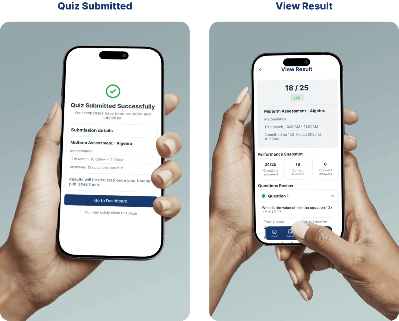 Mobile Quiz Submitted and View Result screens