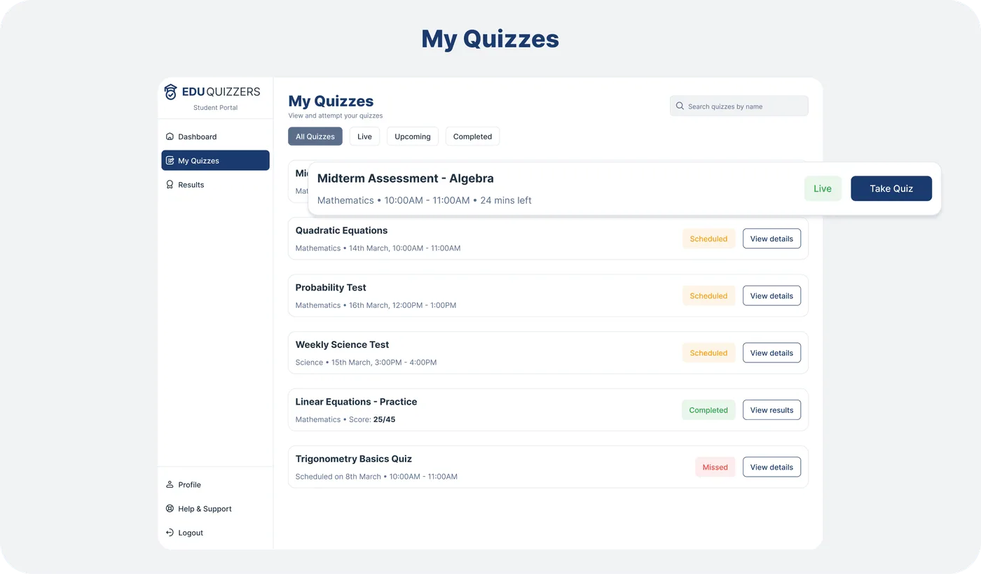 Student My Quizzes — quiz list