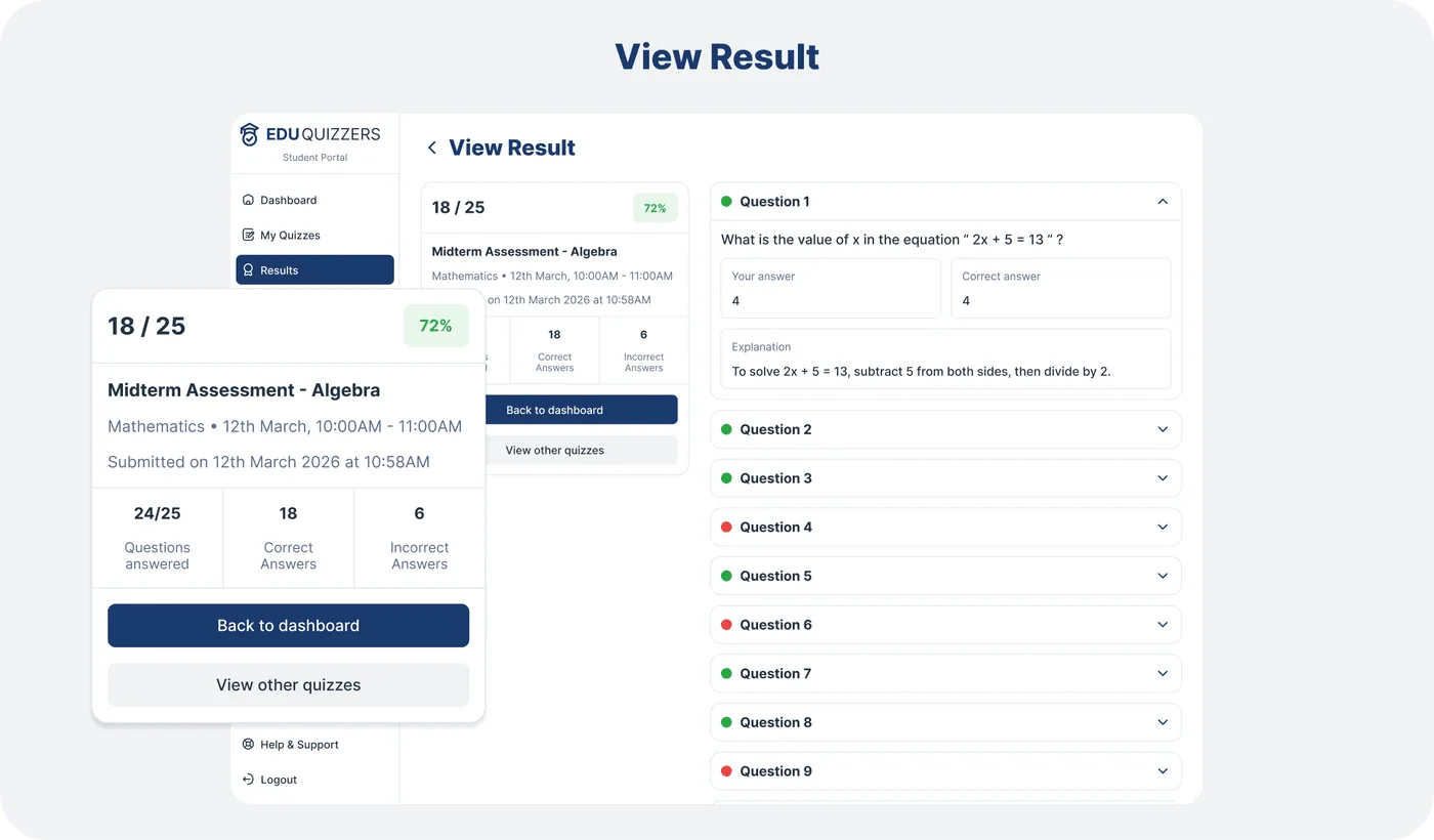 Student View Result — performance breakdown