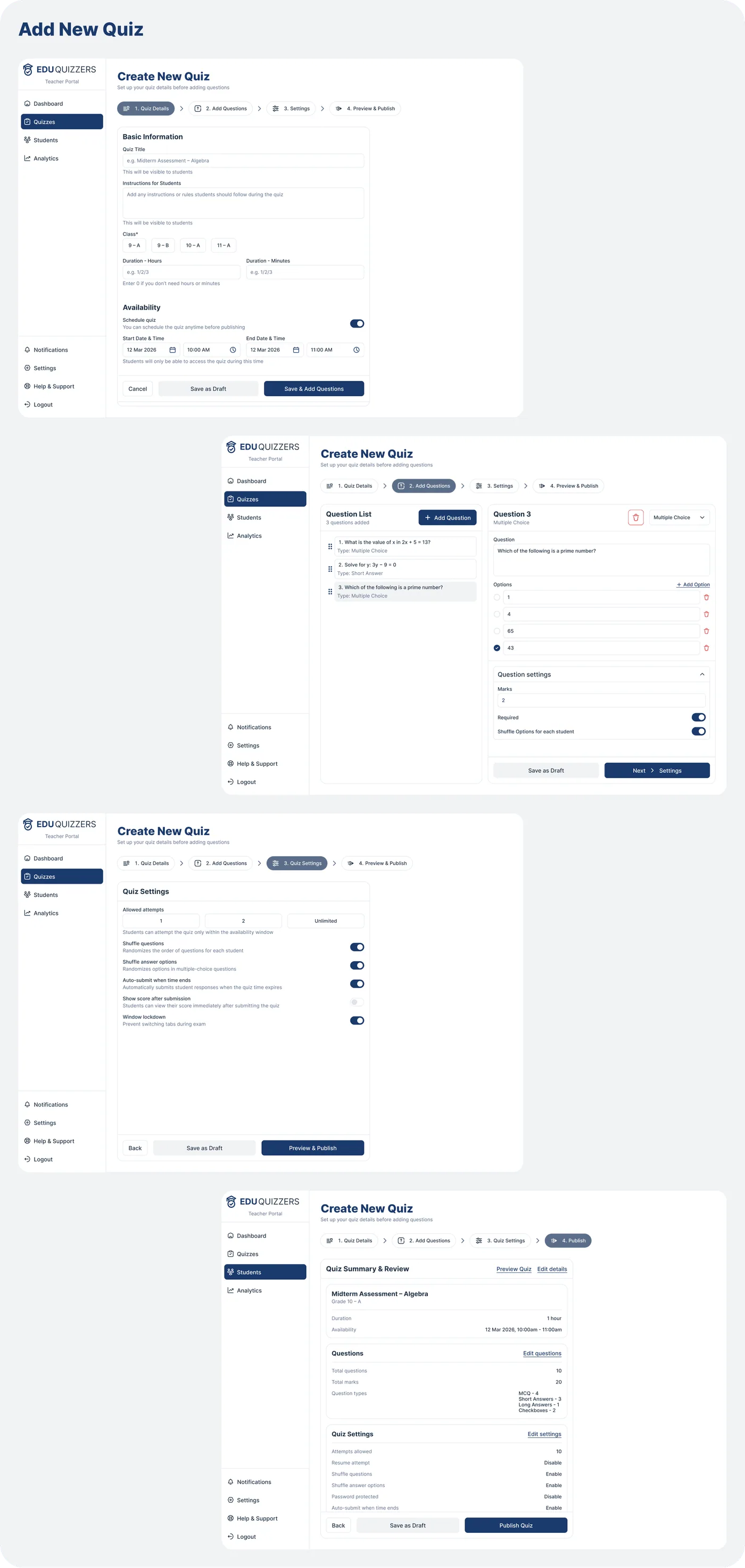 Add New Quiz — details, questions, settings, preview & publish