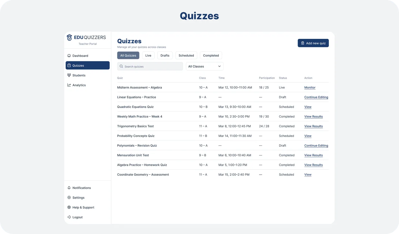 Teacher Quizzes — quiz list and management