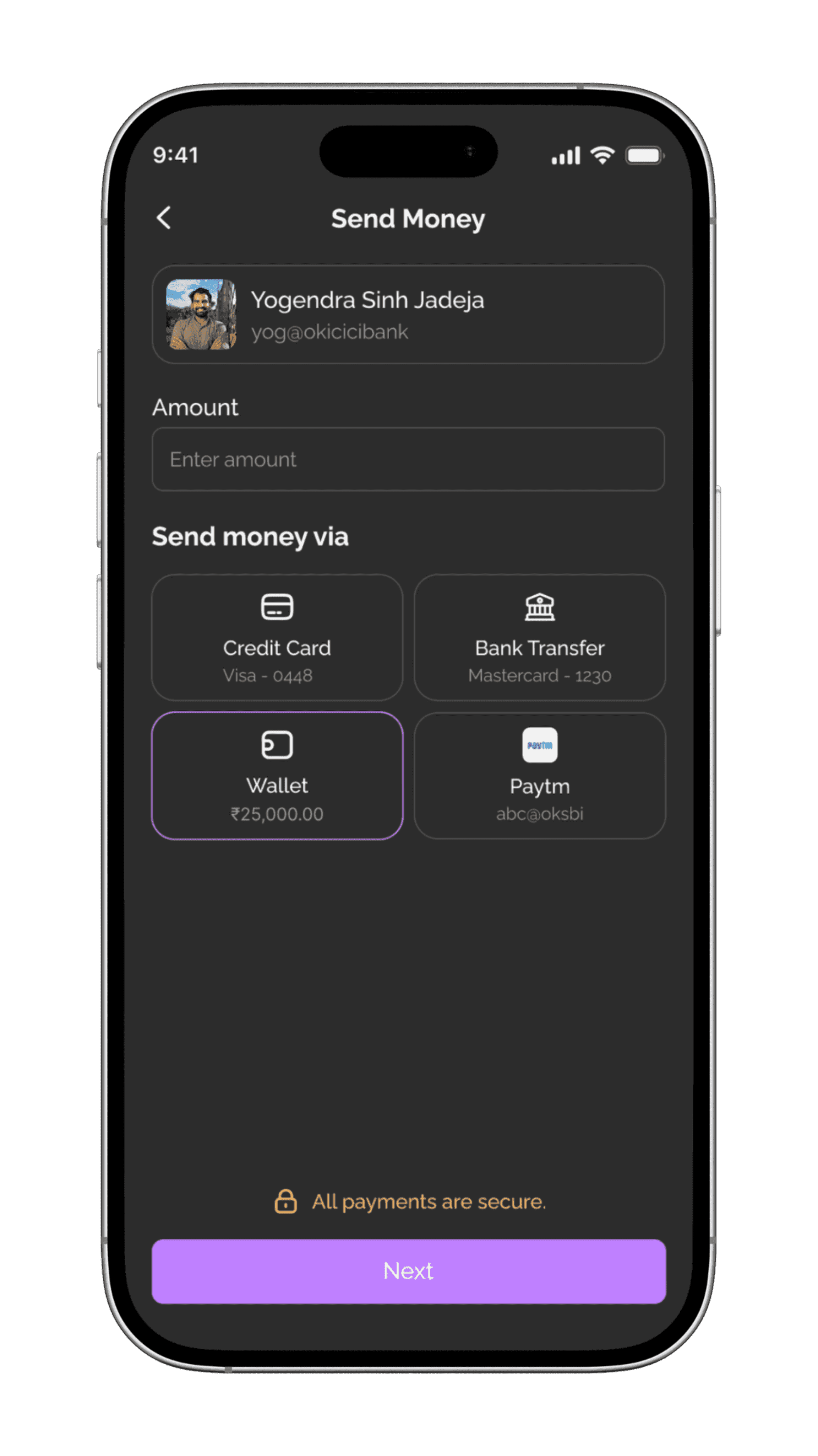 Trustezy Send Money screen