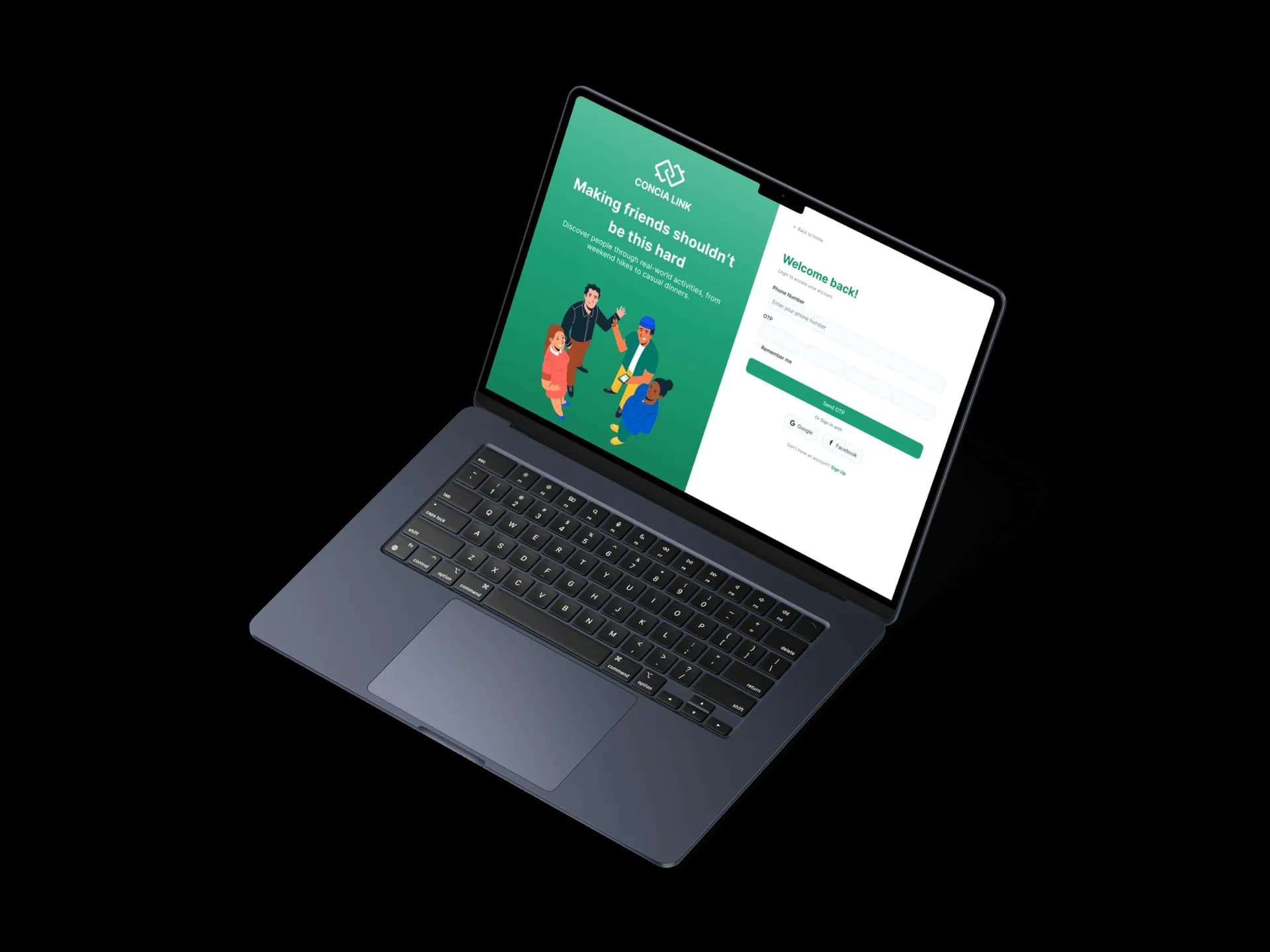 Concia Link web login screen displayed on a MacBook Air showing OTP-based authentication with Google and Facebook sign-in options