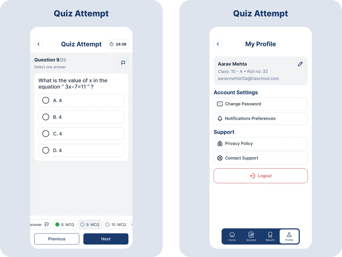 Mobile Quiz Attempt screens