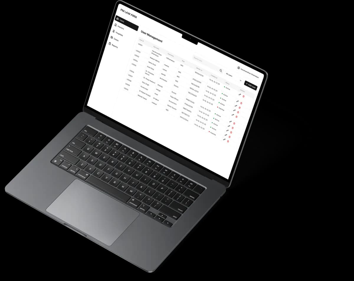 PMLF admin dashboard on a MacBook Air 15 mockup showing user list with search, filters, and management controls